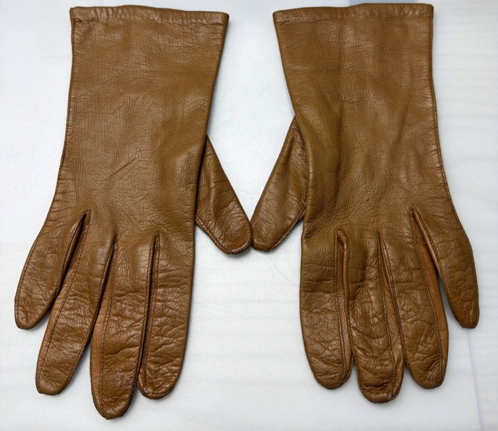 Vintage Womens Atkins Italy Caramel Leather Gloves Silk Lined As Is Sz 7.5 As Is